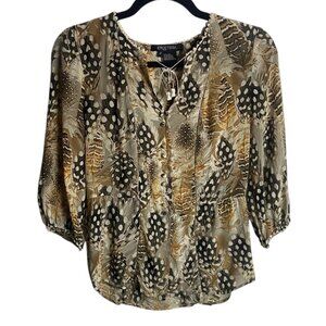 Etcetera Size 2 Silk Button Down Blouse Crochet Inlet Feather Brown Boho Hippie